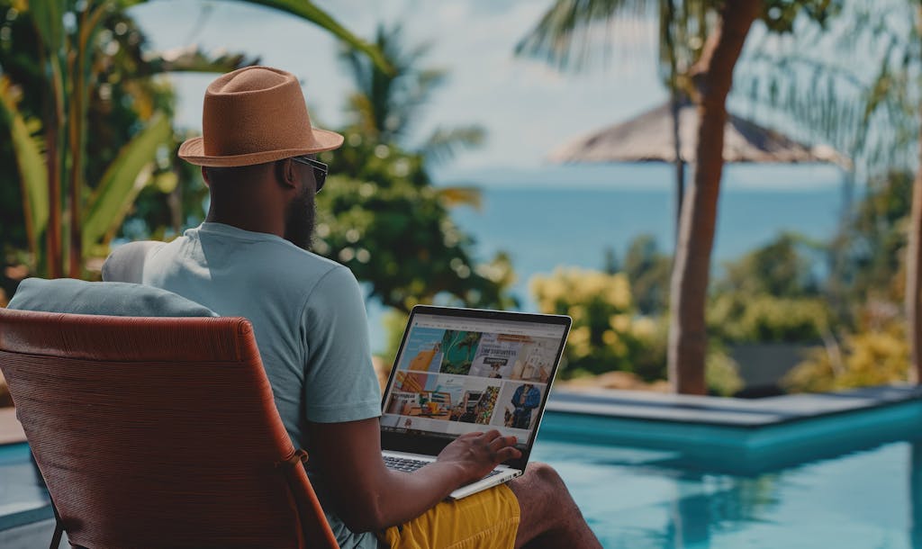 Man working on his laptop with a pool and ocean view