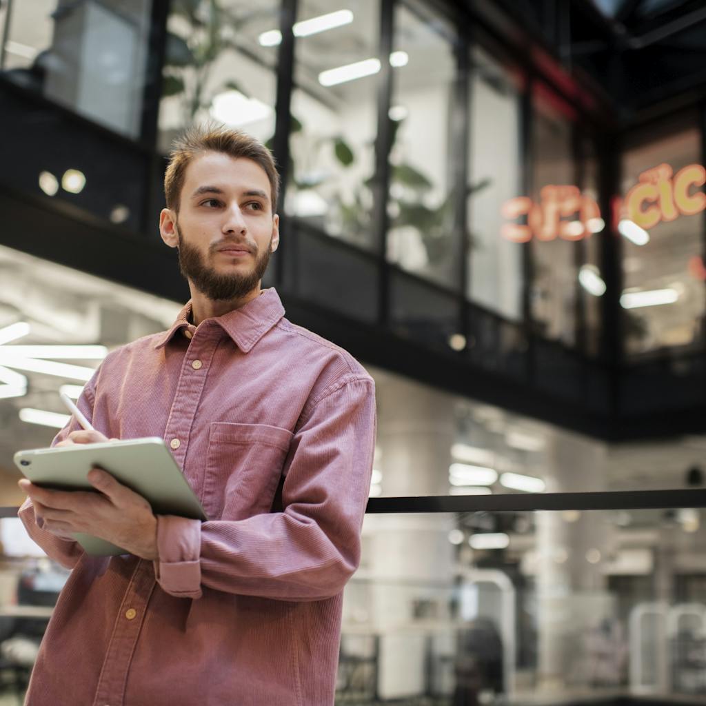 Dueño de una empresa sosteniendo una tablet en la oficina