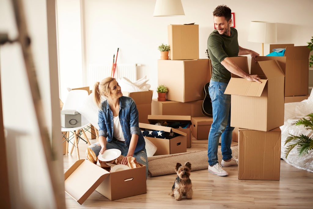 Young couple unpacking boxes in new apartment with small dog