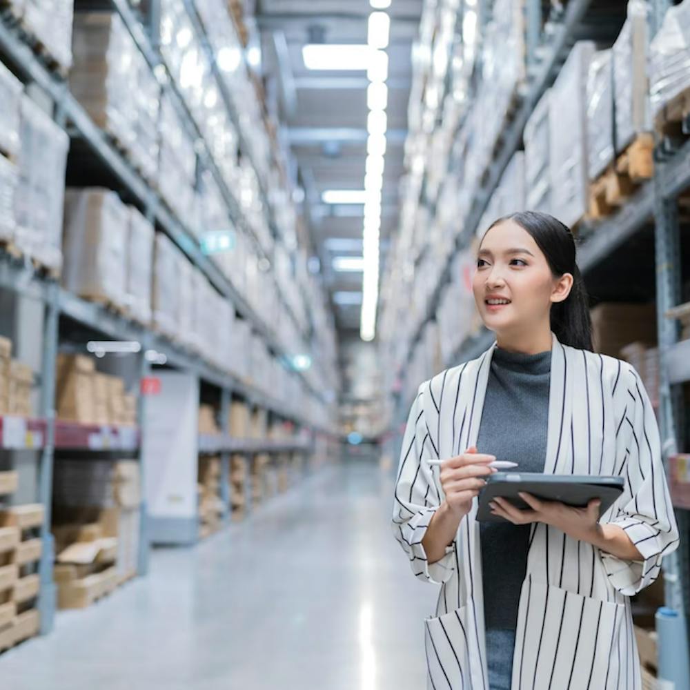 Retrato de una mujer asiática propietaria de un negocio utilizando una tableta digital para comprobar la cantidad de productos en stock en las estanterías de un almacén. <a href="https://www.freepik.com/free-photo/portrait-asian-woman-business-owner-using-digital-tablet-checking-amount-stock-product-inventory-shelf-distribution-warehouse-factorylogistic-business-shipping-delivery-service_25192338.htm#query=business%20export%20owner&position=32&from_view=search&track=ais">Image by Lifestylememory</a> on Freepik
