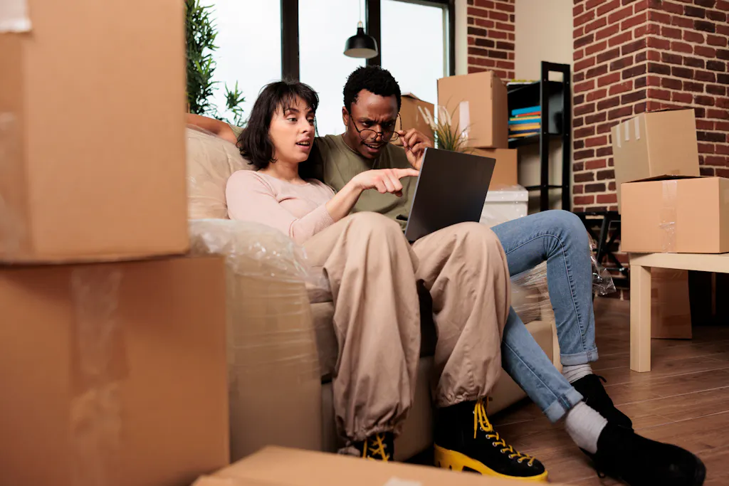 A couple sitting on top of moving boxes looking intently at a laptop.