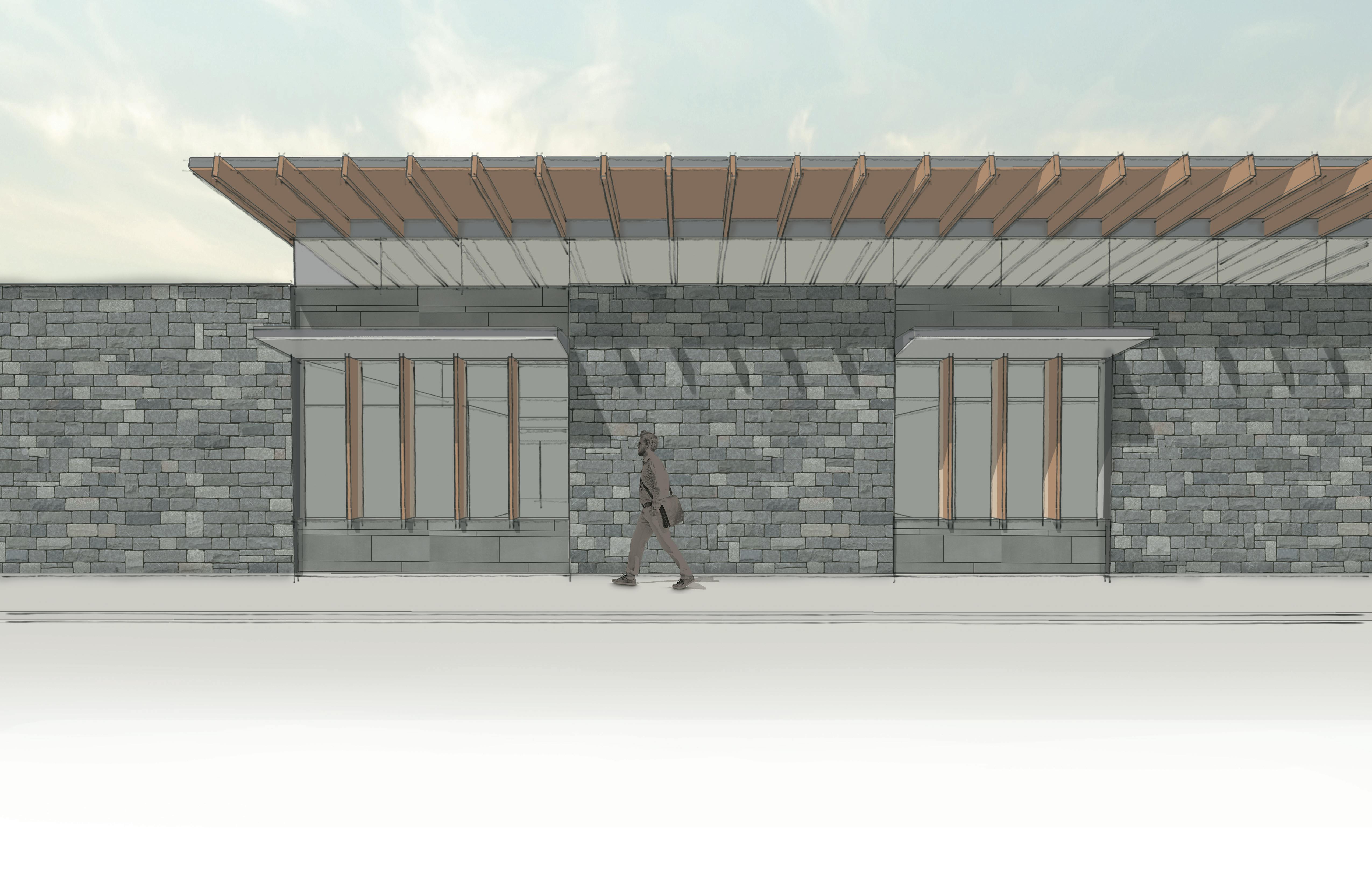 A sketch rendering of the outer wall of the OOC ambulatory surgery center, showing the natural looking stone walls. 
