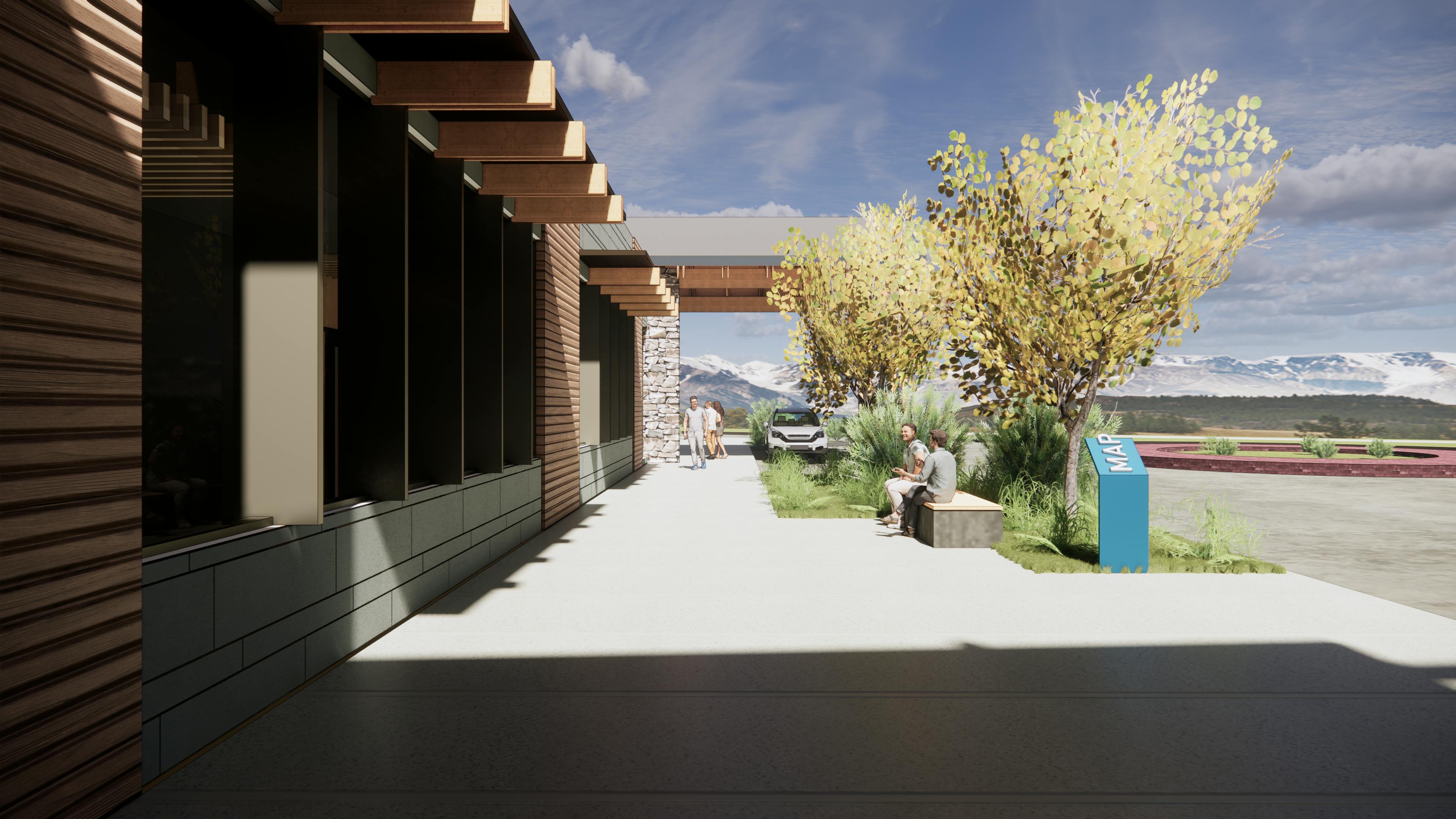 A 3D rendering of the OOC ambulatory surgery center showing large soffit beams and natural looking landscaping. 