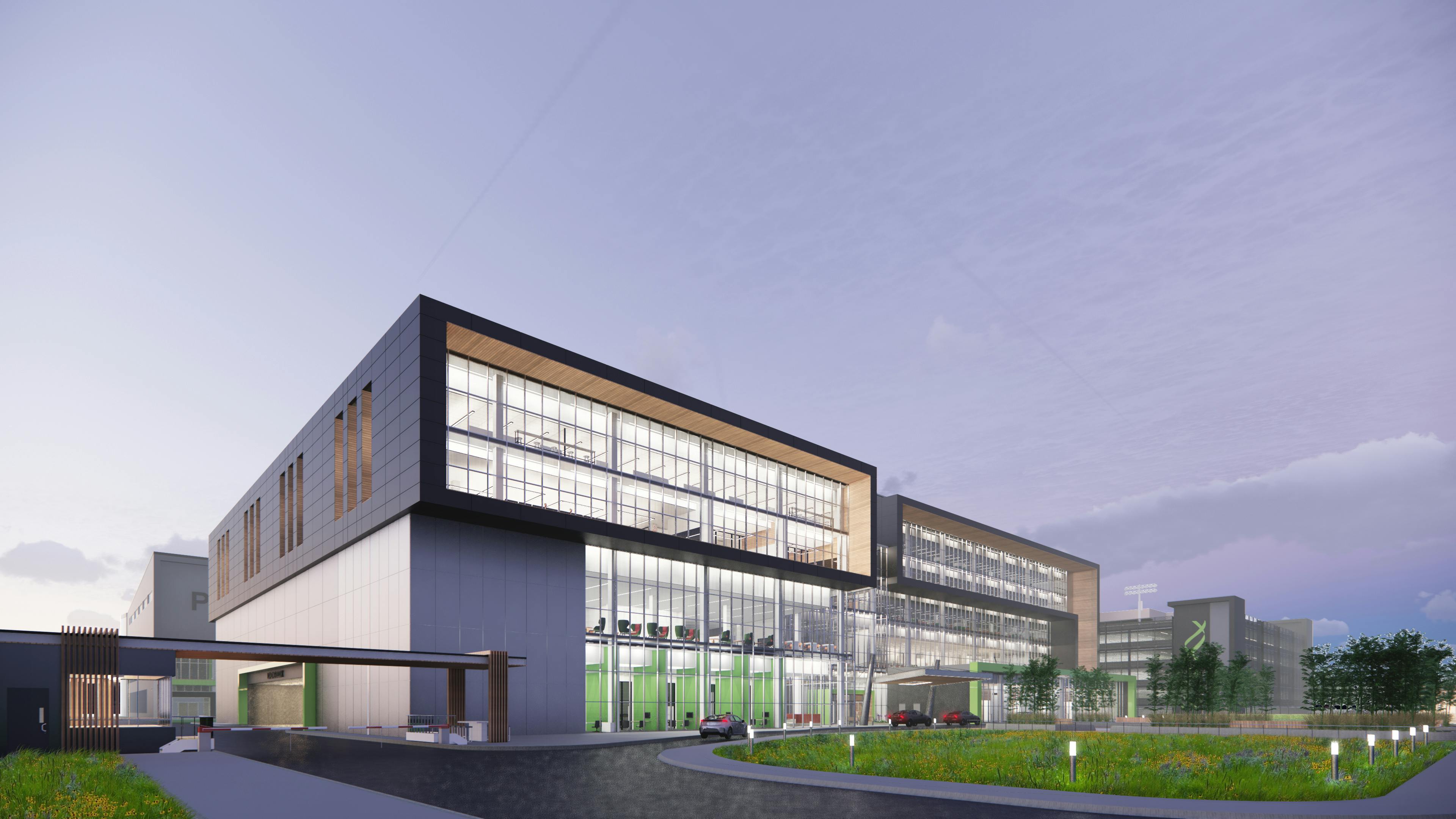 Rendering of the outside of a medical device manufacturing building.