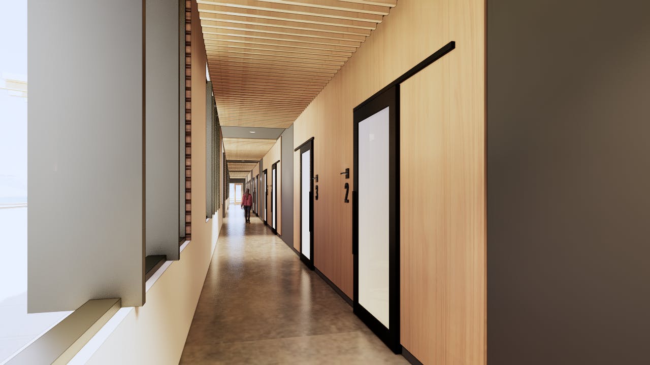 A 3D rendering of the outer corridor of the OOC ambulatory surgery center.