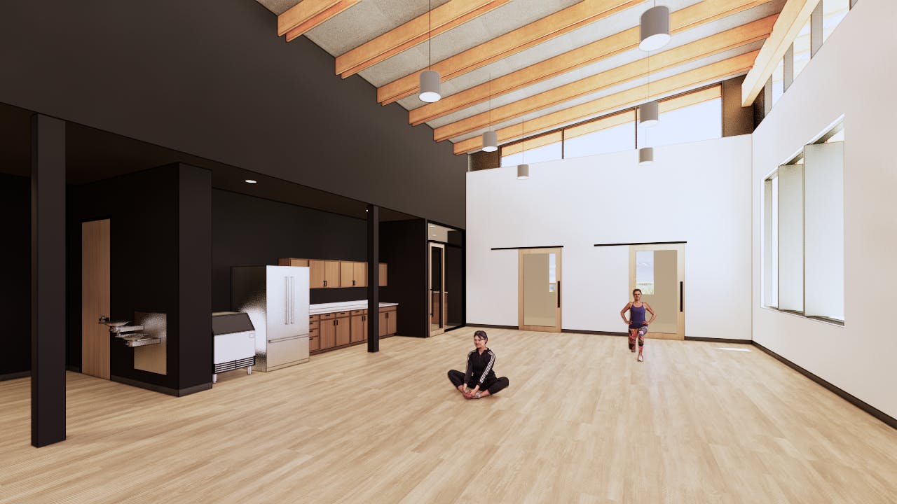 A 3D rendering of the physical therapy studio at the OOC ambulatory surgery center. Two rendered people are seen doing stretches.
