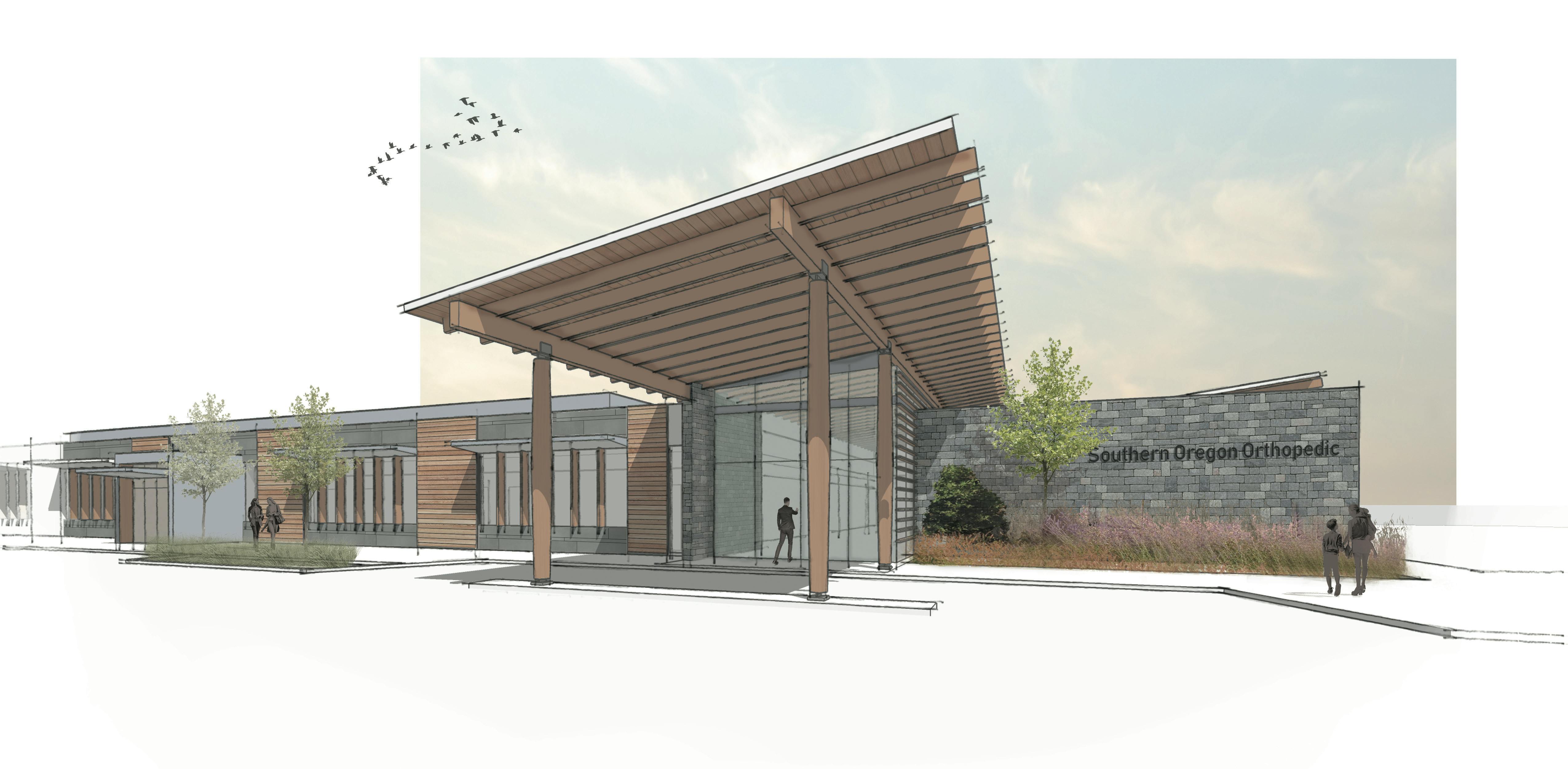 Sketch rendering of the entryway of the OOC ambulatory surgery center from the outside of the building showing a large canopy covering for patient drop offs. 