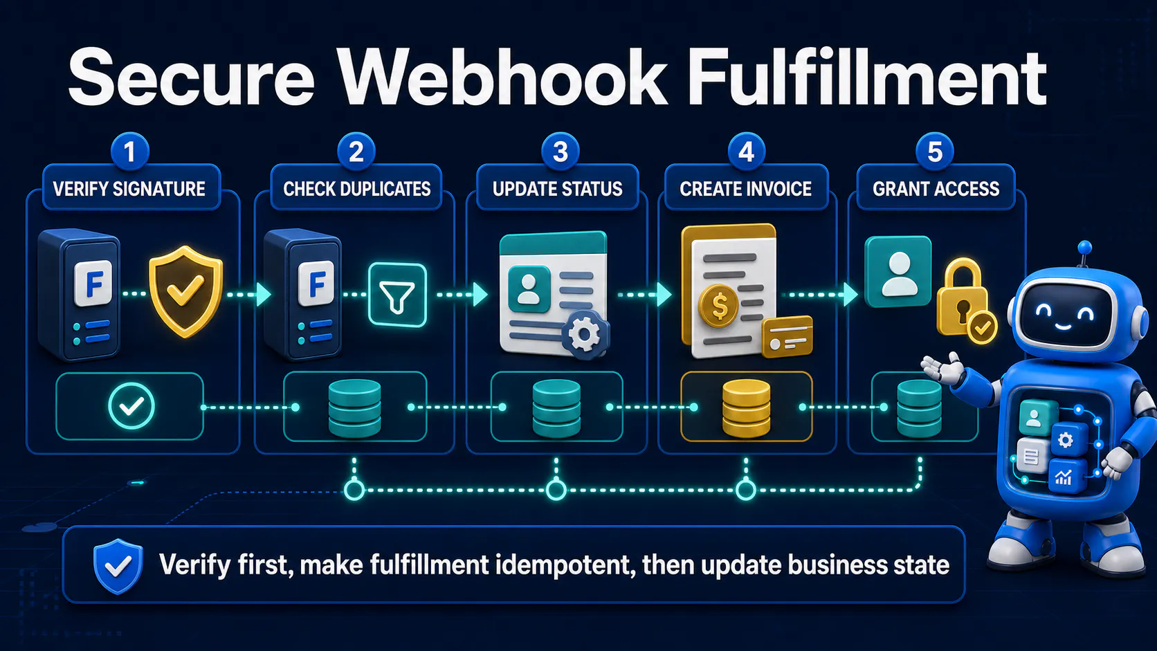 Secure webhook fulfillment with signature verification, idempotency, invoicing, and access control