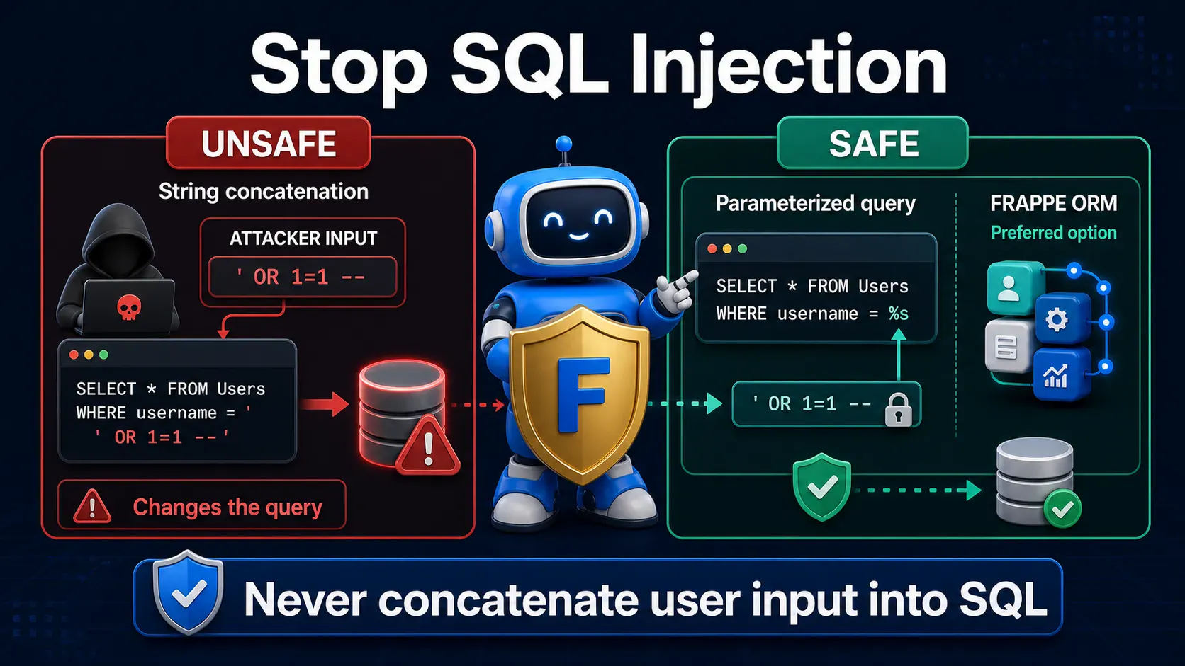 Unsafe SQL string concatenation compared with parameterized queries and the Frappe ORM