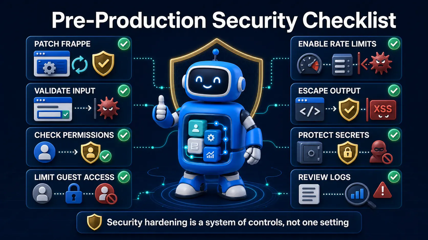 Pre-production Frappe security checklist for patches, input, permissions, guest access, rate limits, output, secrets, and logs