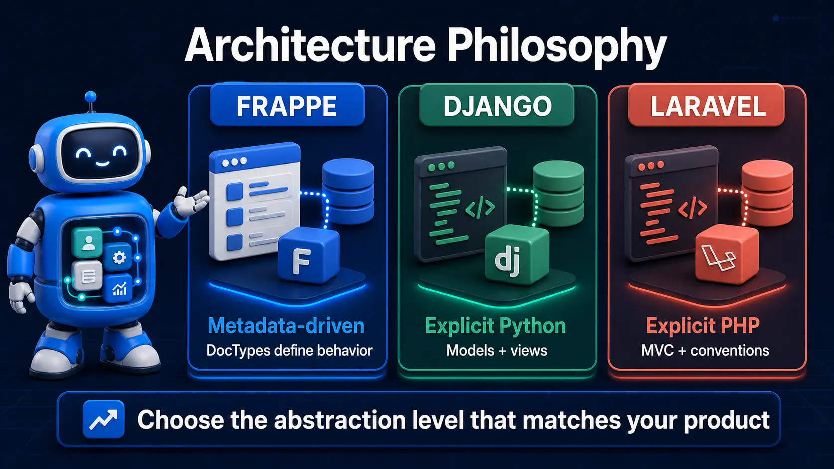 Architecture philosophy comparison between metadata-driven Frappe and explicit Django and Laravel MVC