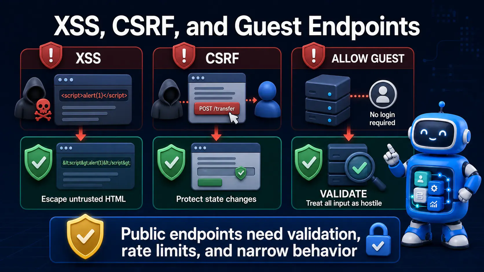 Defenses against XSS, CSRF, and unsafe public guest endpoints