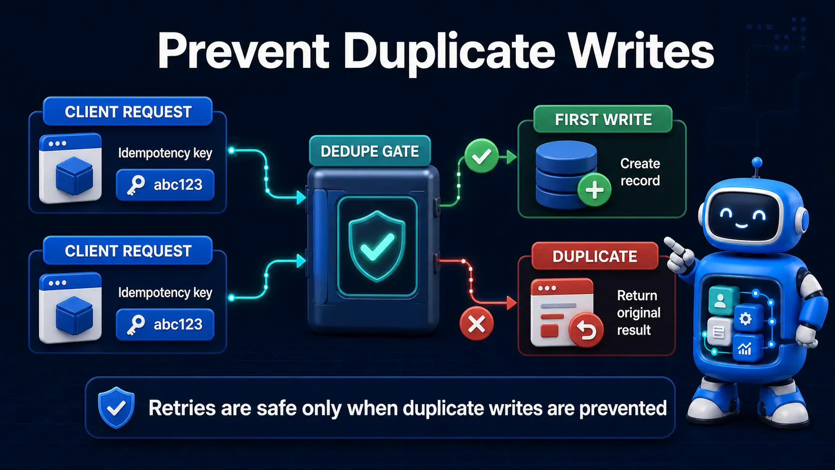 Preventing duplicate API writes with an idempotency key and deduplication gate