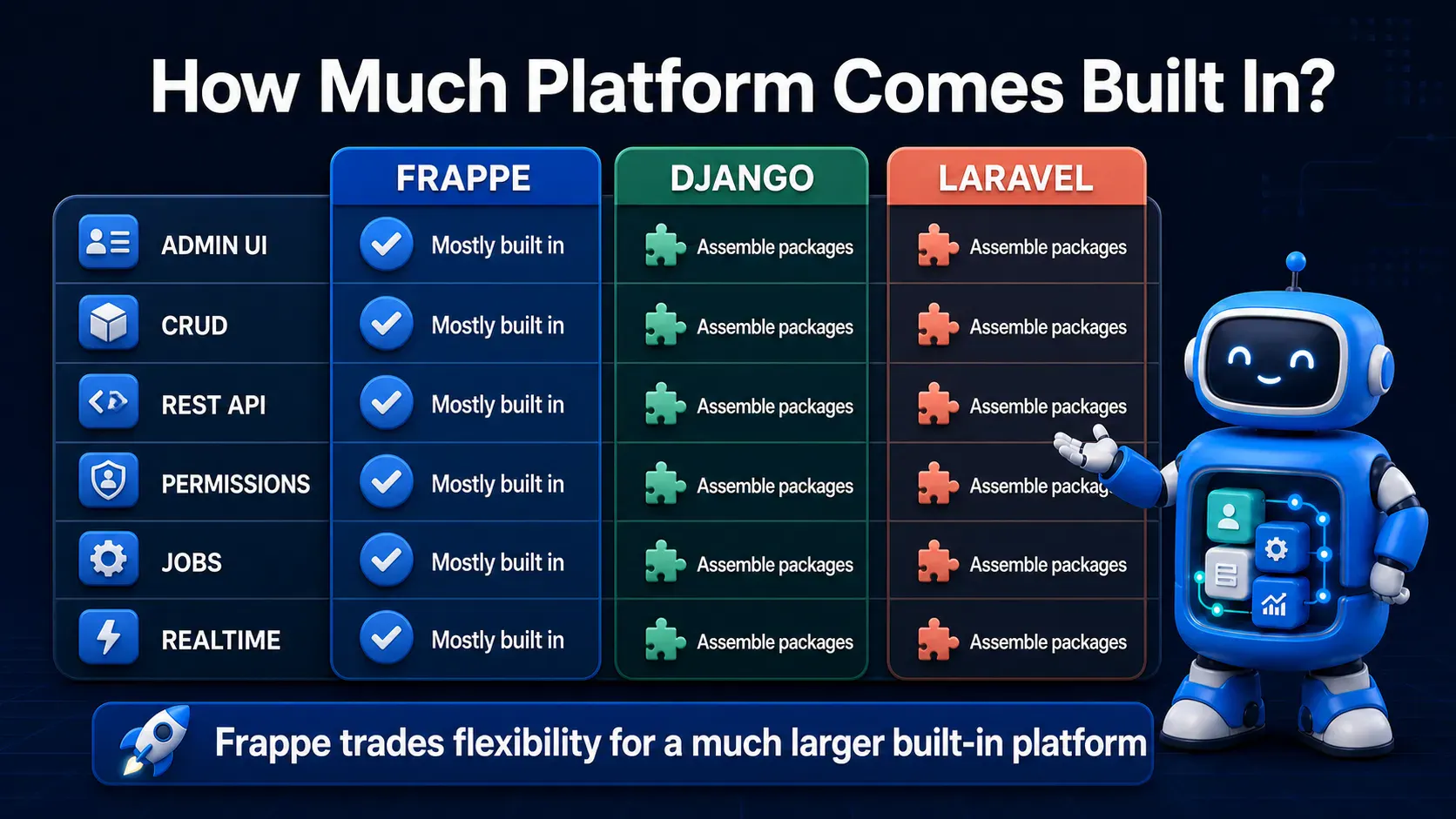 Built-in platform feature comparison across Frappe, Django, and Laravel