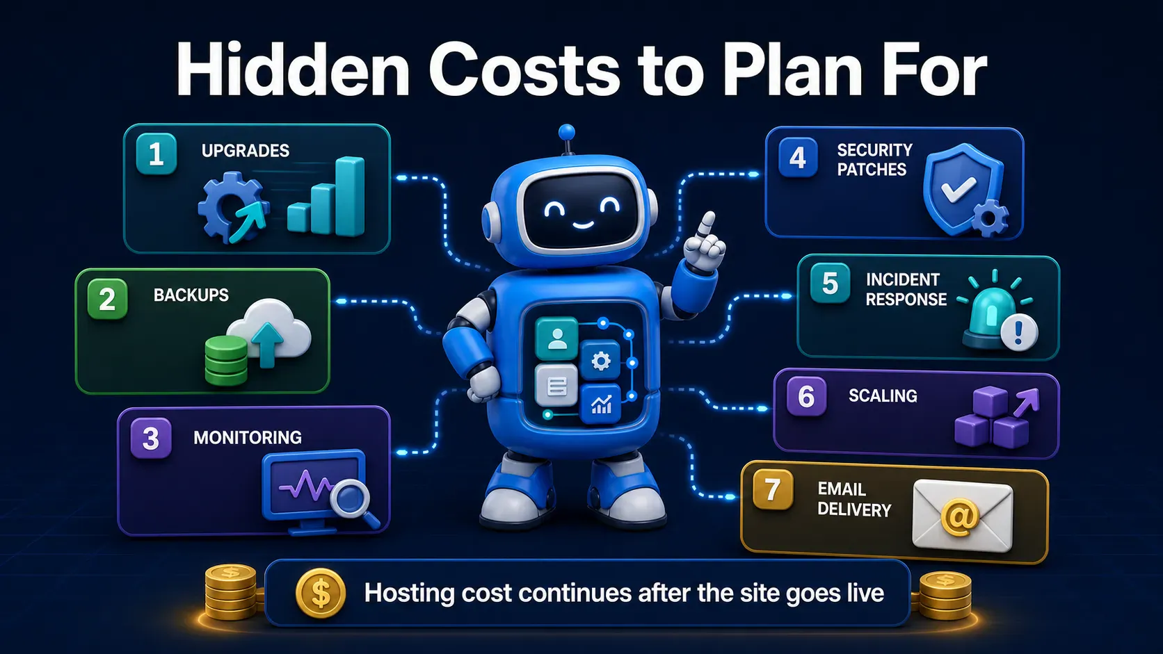 Hidden Frappe hosting costs including upgrades, backups, monitoring, patches, incidents, scaling, and email