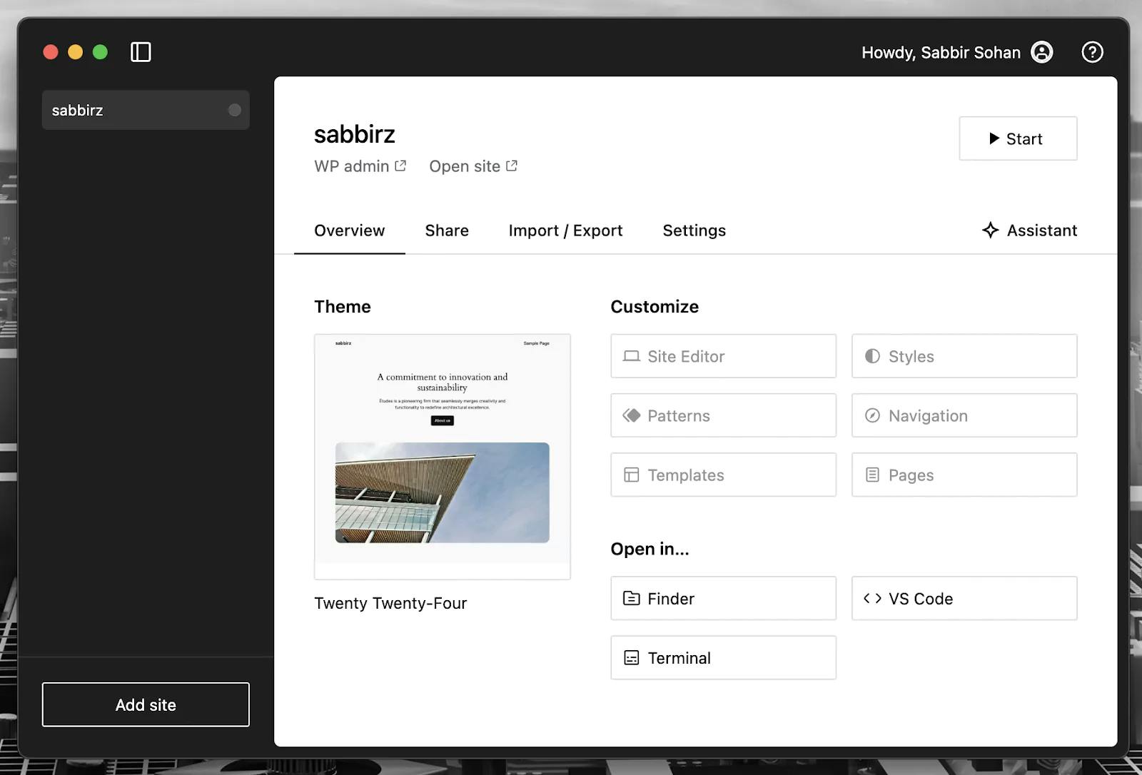 WordPress Studio Interface