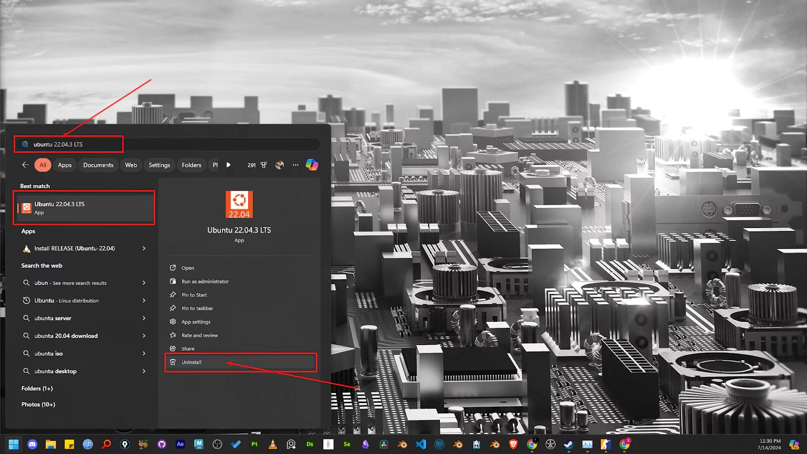 search and uninstall ubuntu from start menu