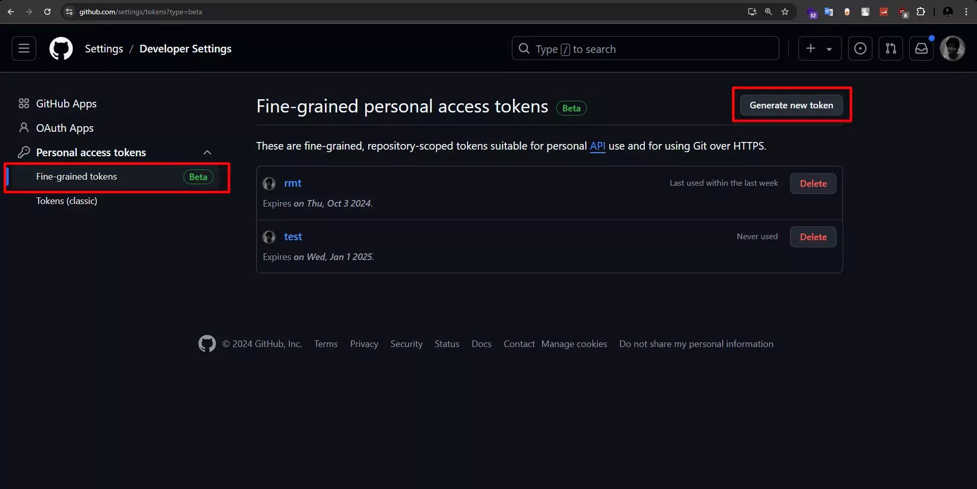 Setting permissions for Personal Access Tokens