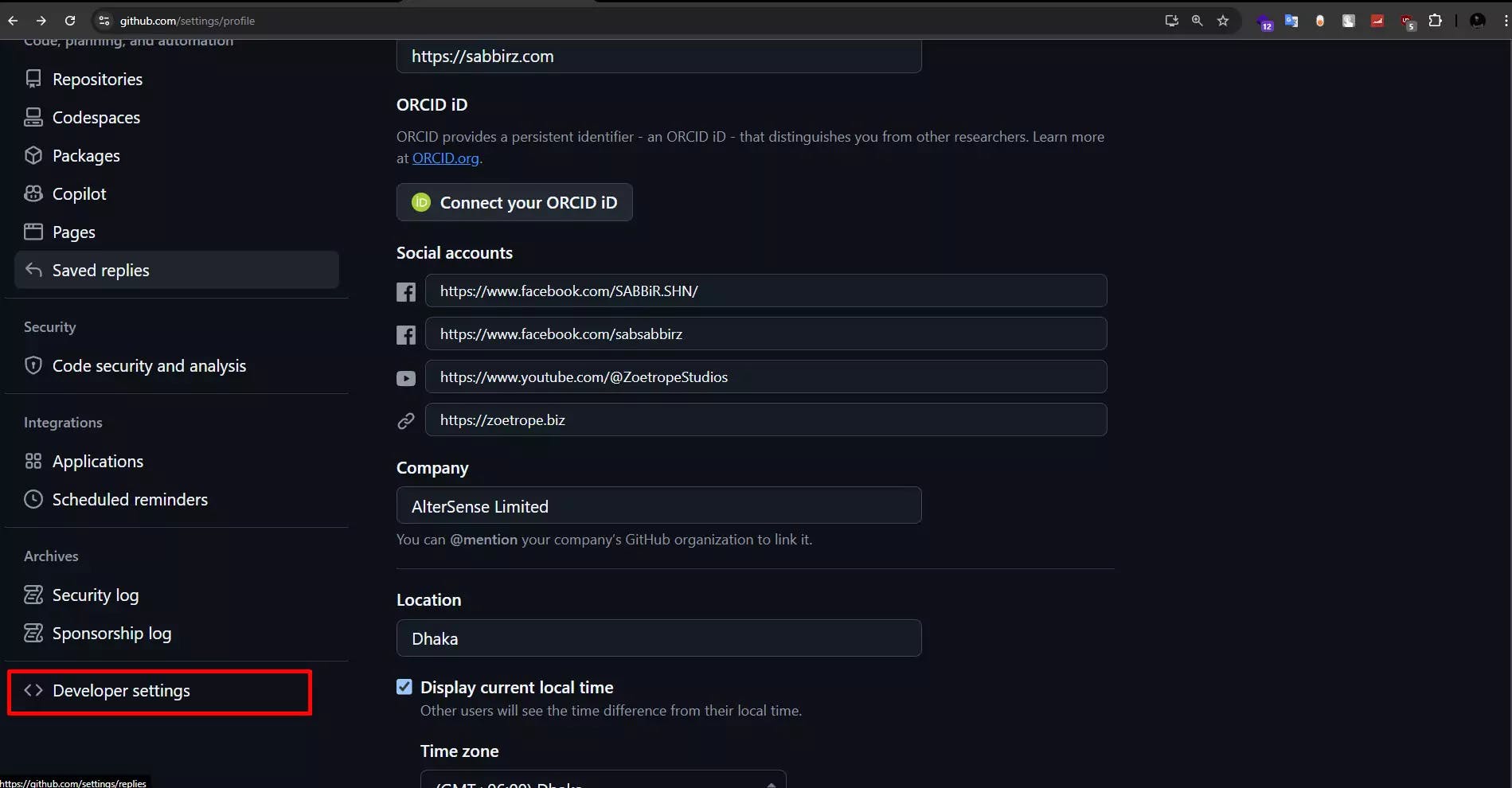 GitHub Developer Settings Menu