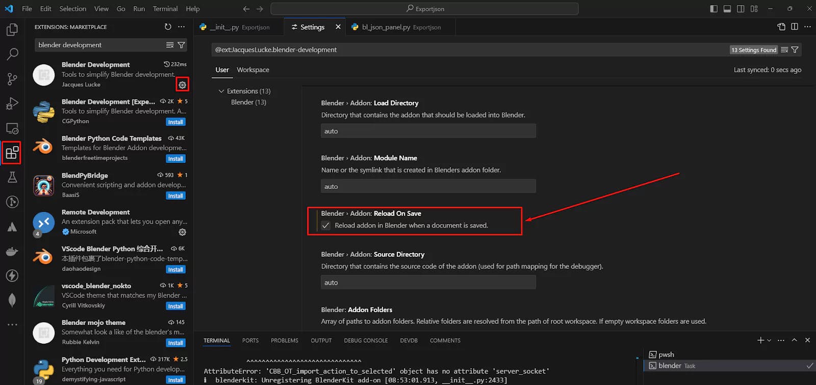 VS Code settings for Blender add-on development to reload add-ons when saved