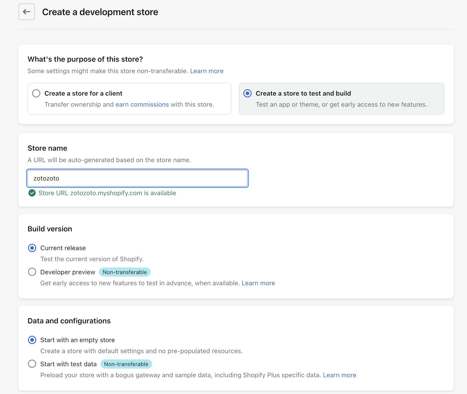 Shopify development store creation