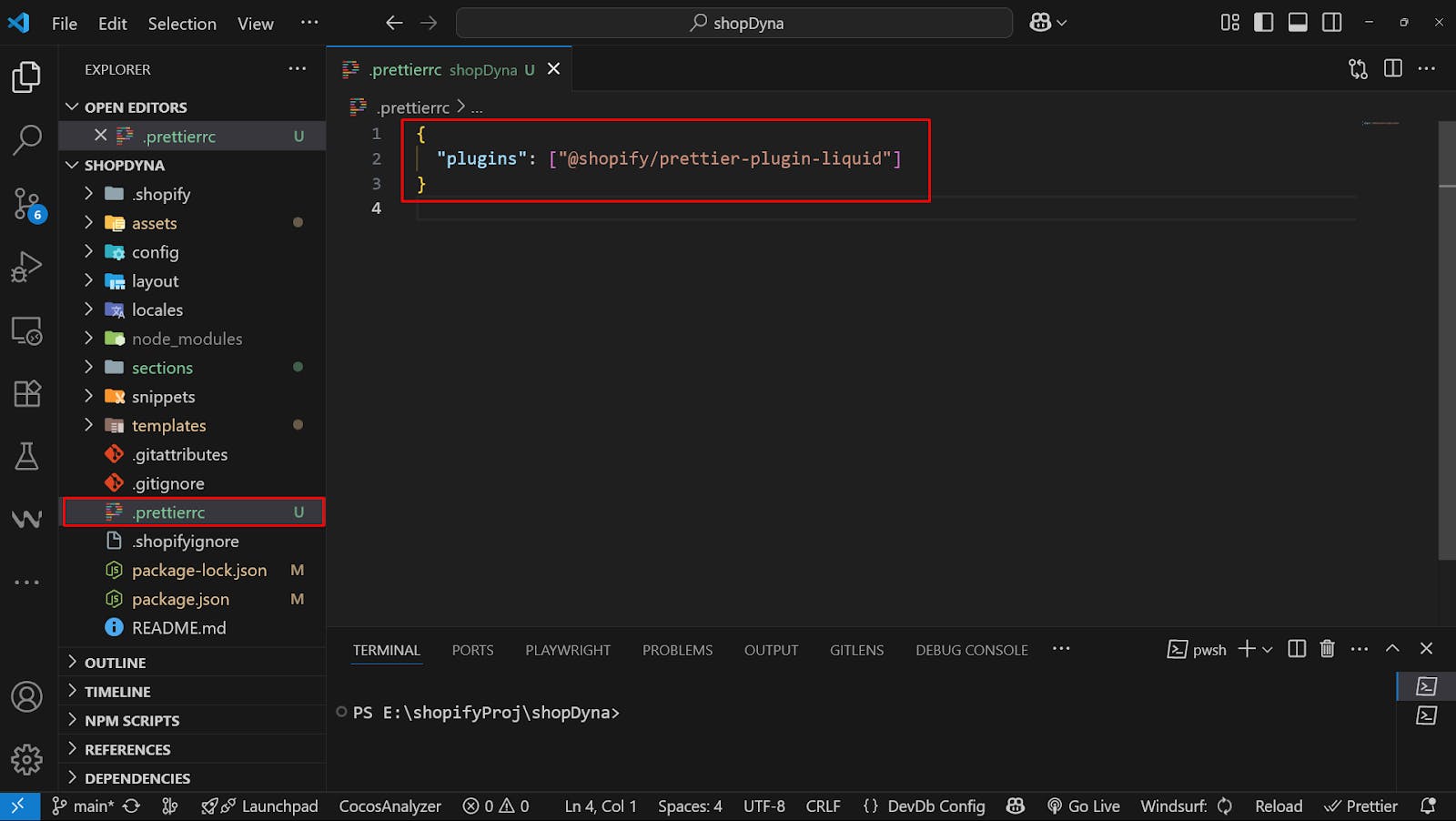 Creating prettierrc file and configuration to configure prettier for liquid