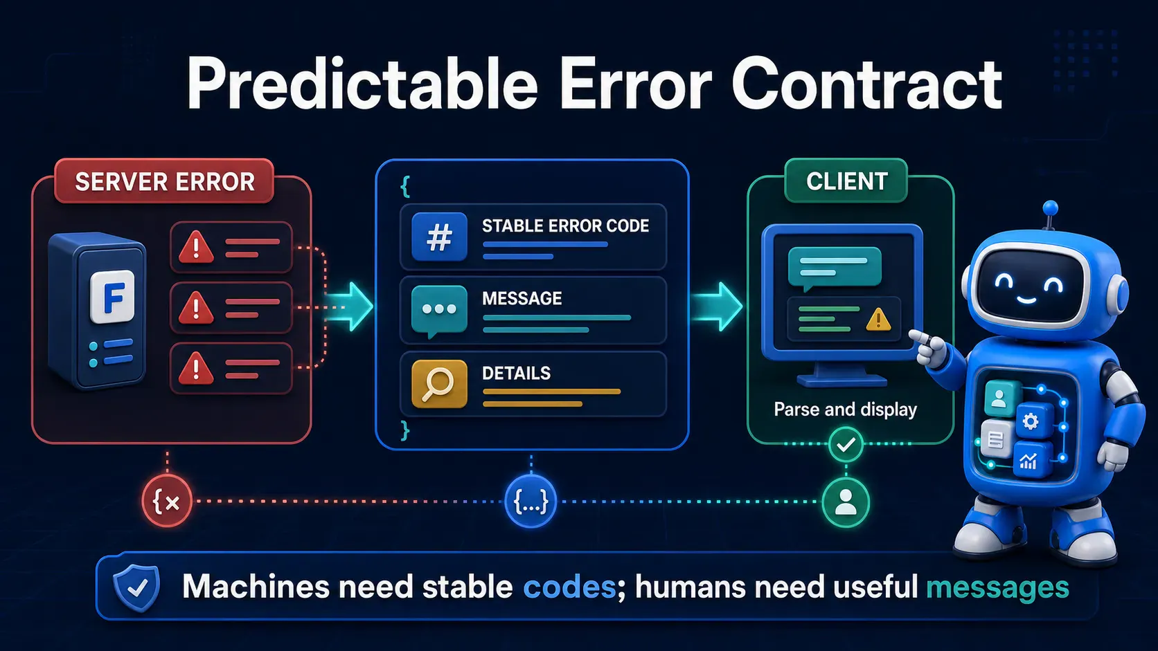 Predictable API error contract with stable codes, useful messages, details, and client handling