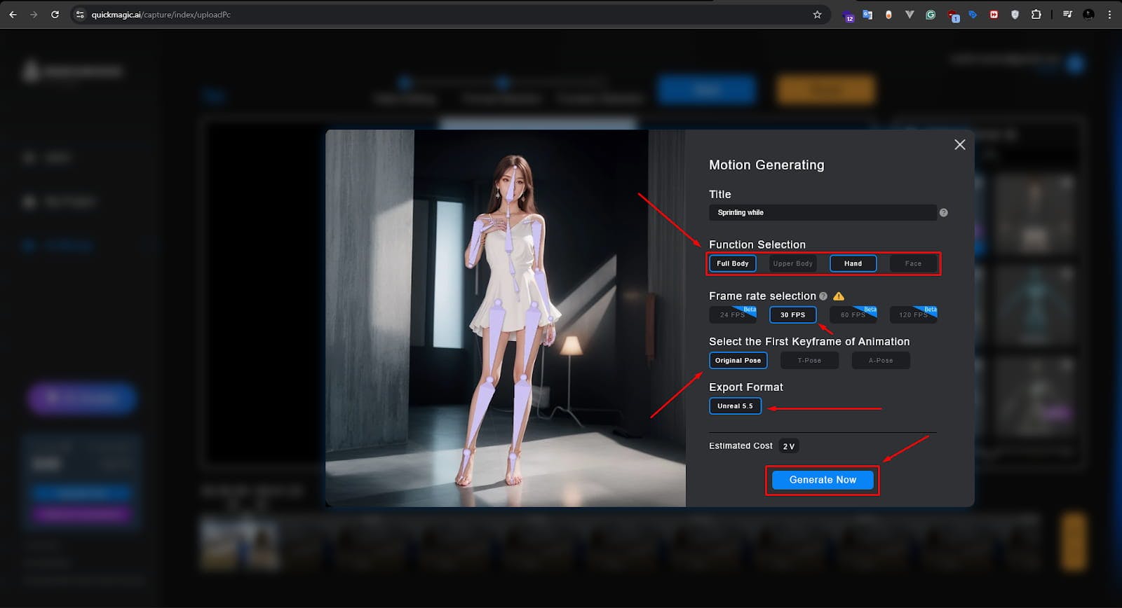 quckmagic ai set the motion generation settings