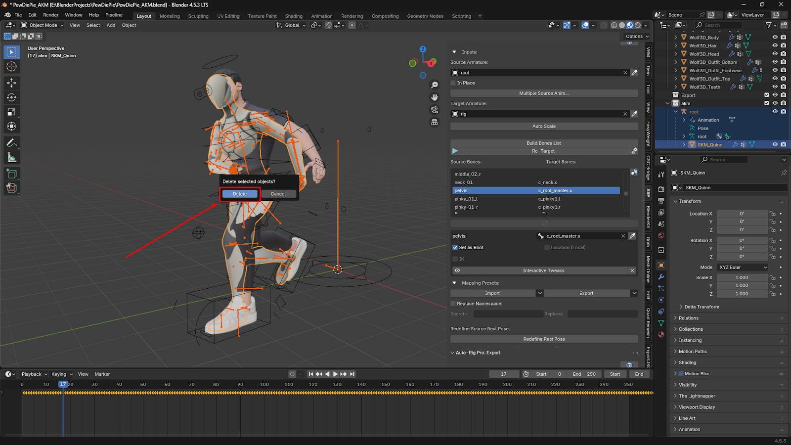 Deleting the original QuickMagic armature after successful retargeting.