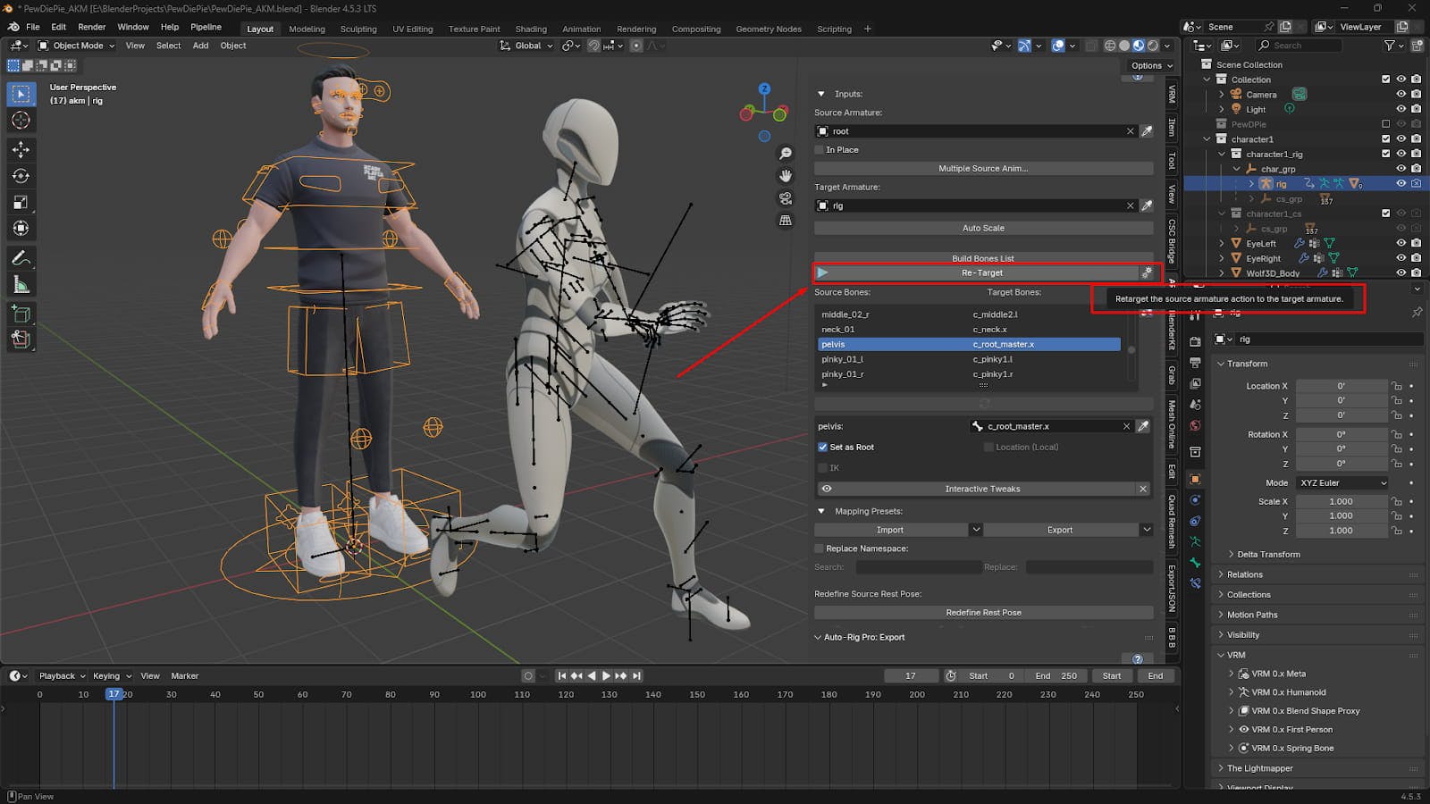 Clicking the &#39;Re-Target&#39; button to begin the animation transfer process.