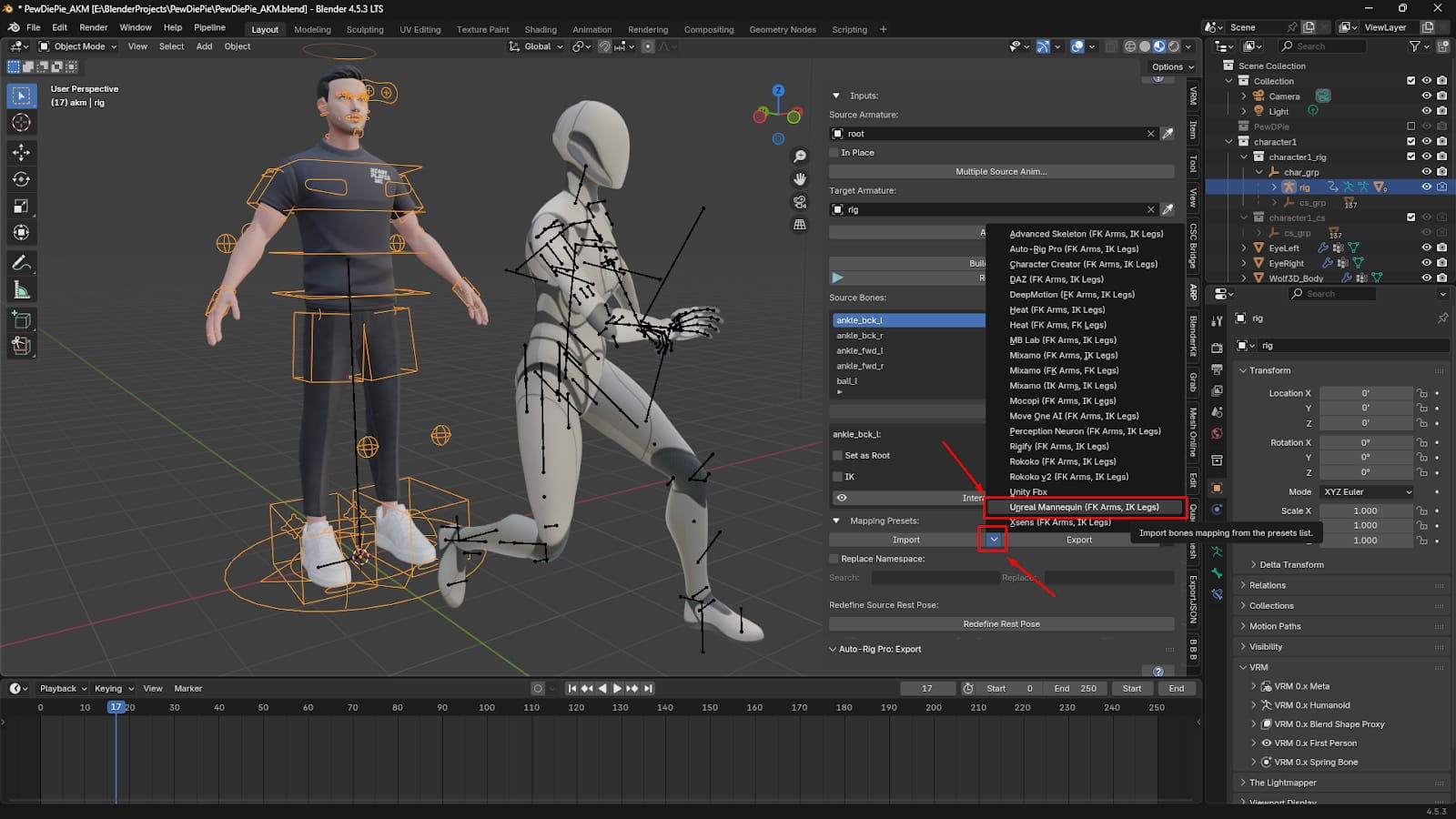 Choosing a mapping preset for the imported motion capture data.