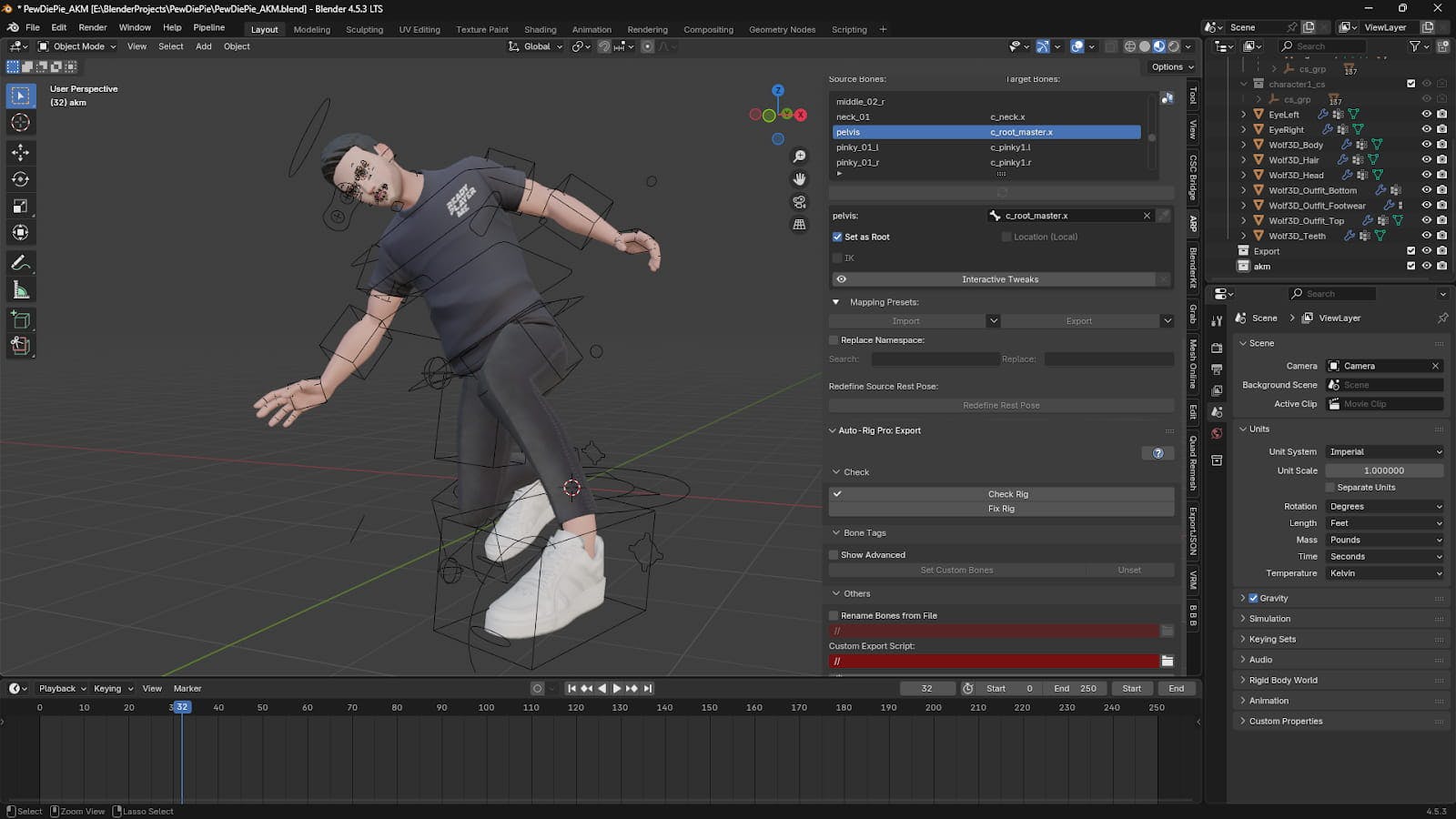 Final result showing the character animated within the Blender scene.