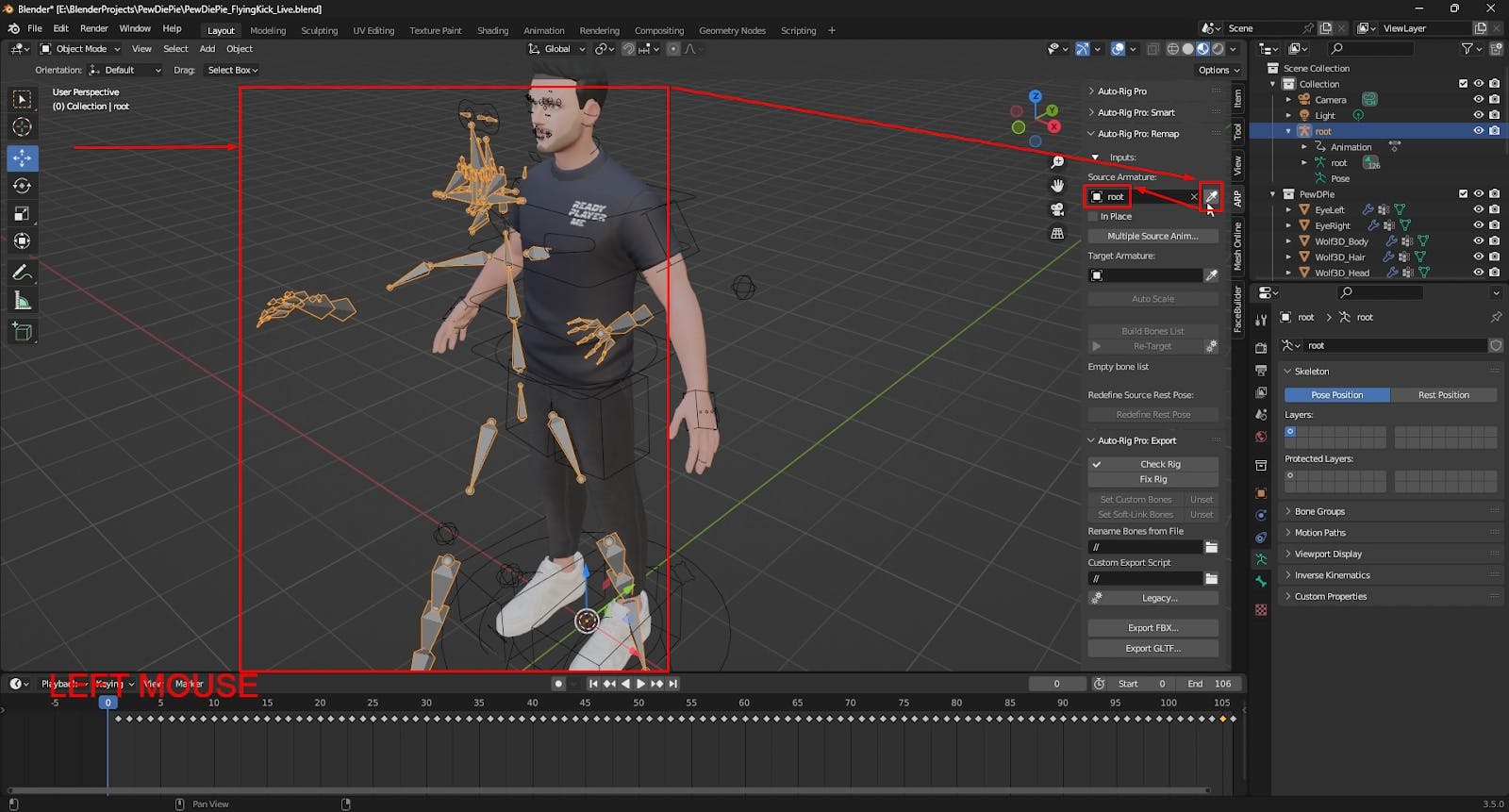 Selecting the imported skeleton as the source armature