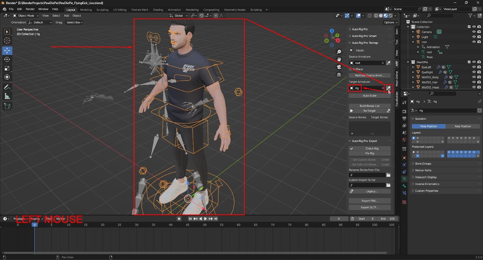 Selecting the Blender character as the target armature