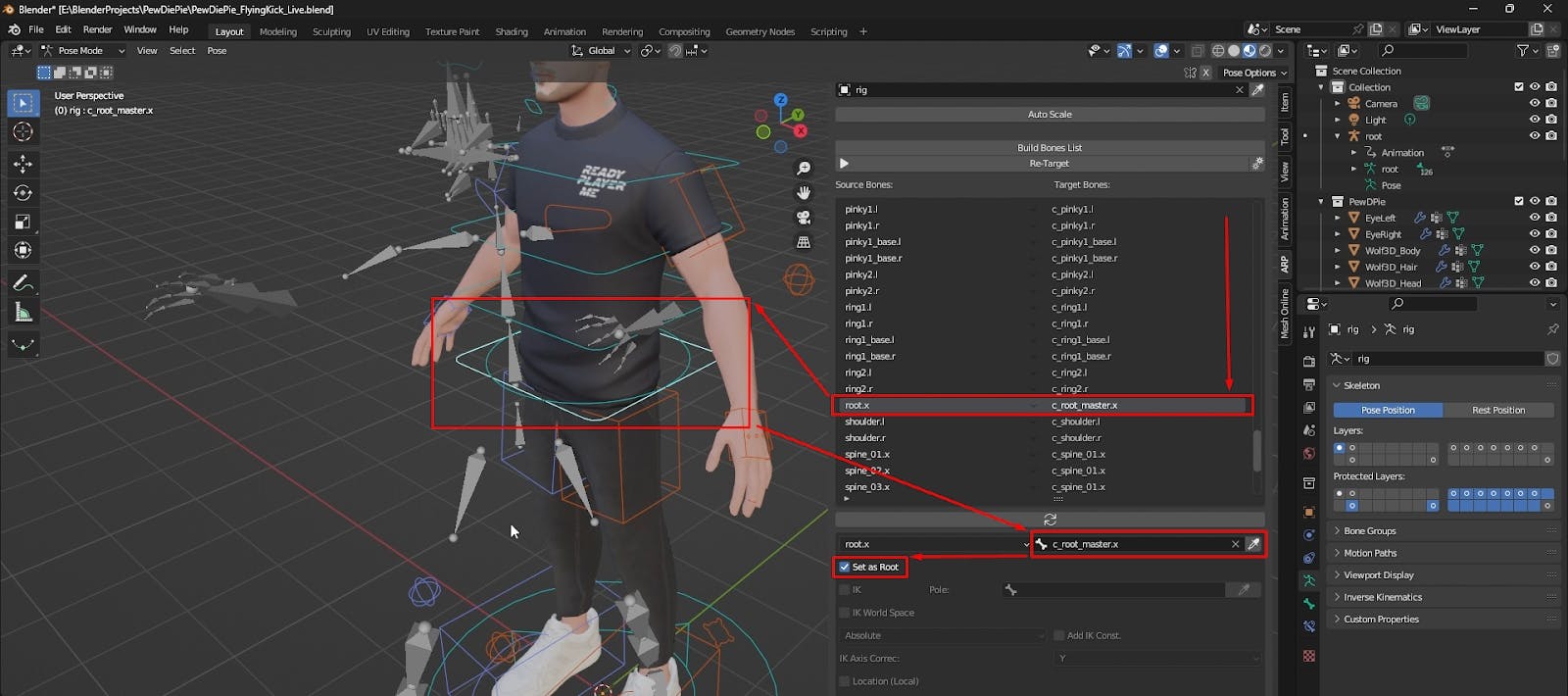 Setting the character's root bone