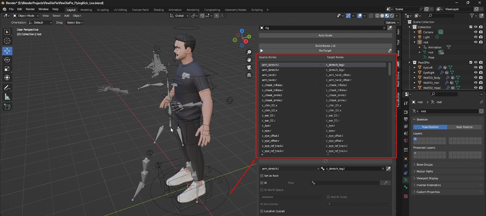 Checking the list of mapped source and target bones