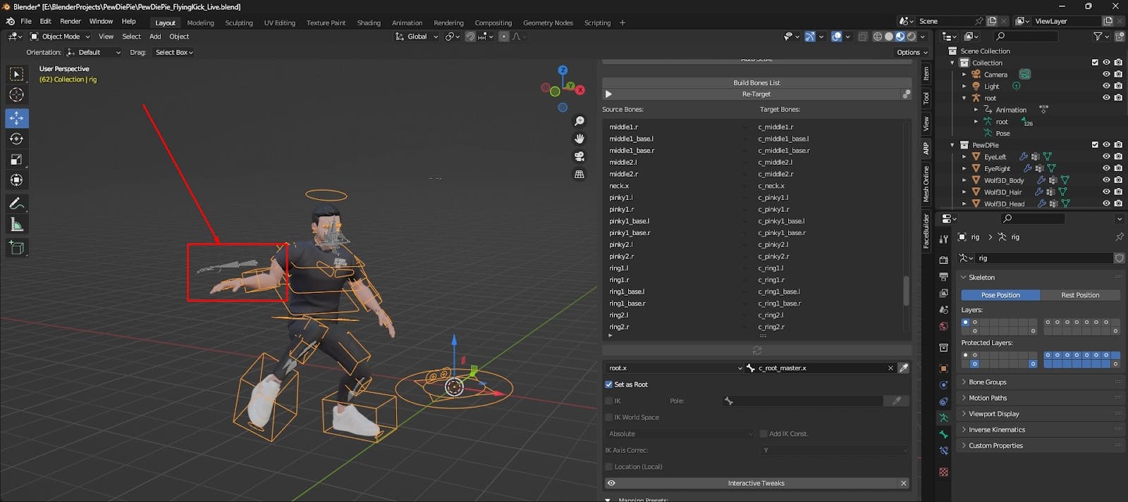 Example of a failed retarget due to incorrect bone mapping