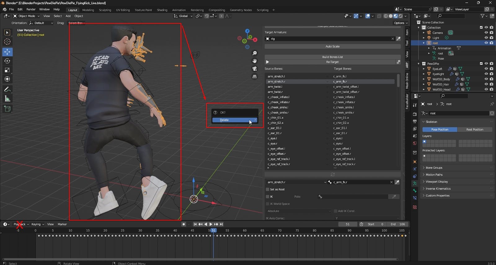 Deleting the source armature after a successful retarget