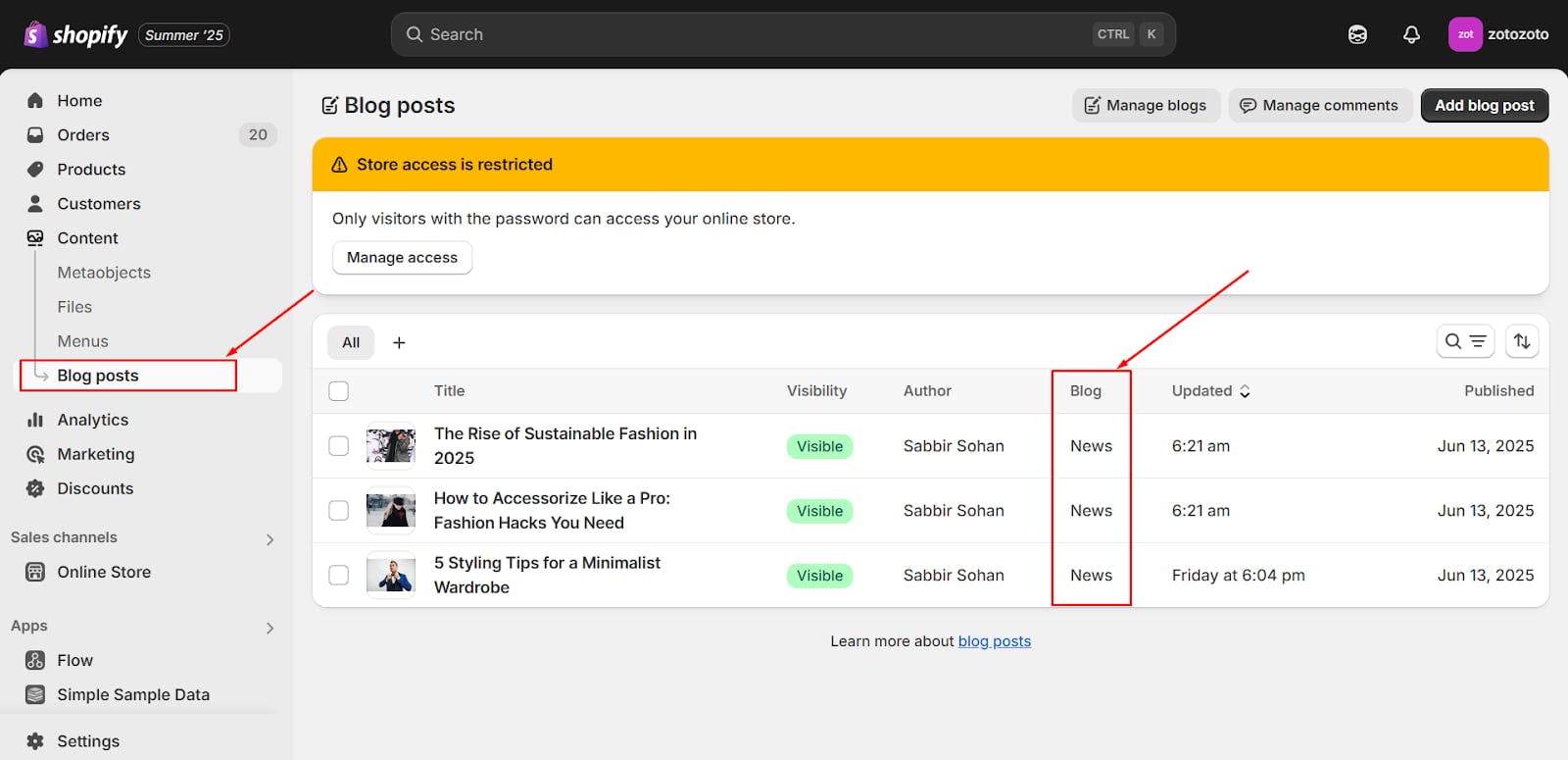 shopify admin preview of blog posts