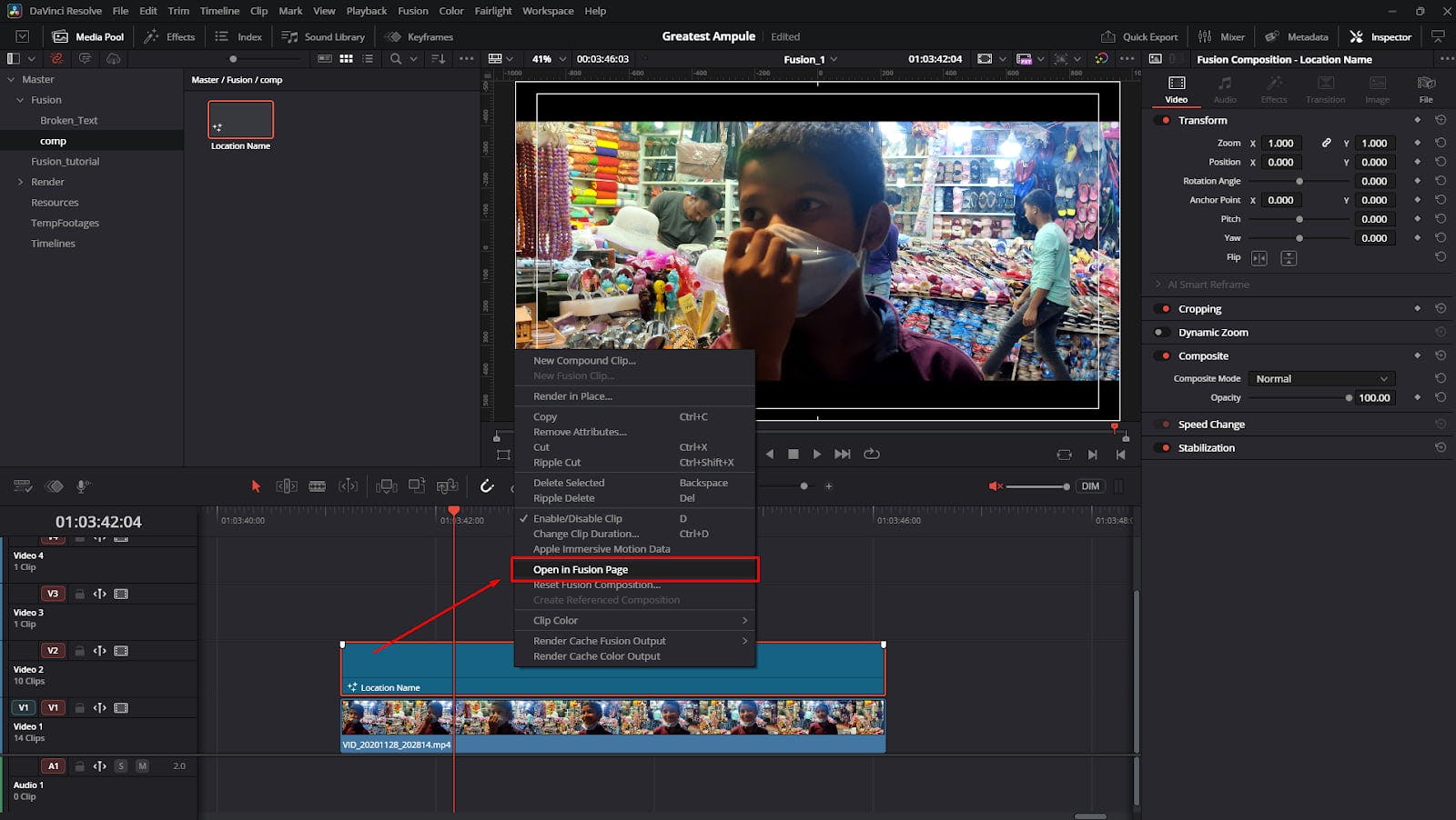 Open Fusion Composition to the Fusion Page