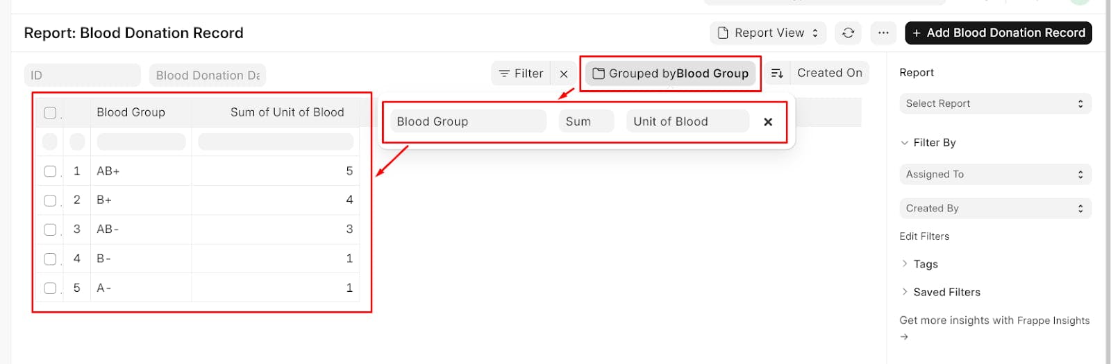 Frappe using grouped by to group result in report view