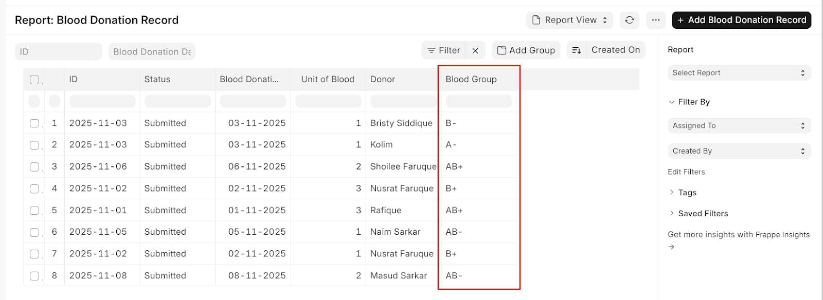 Frappe new column in report view added