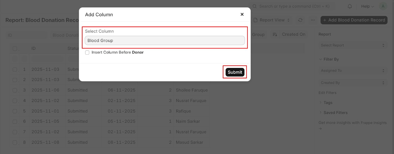 Frappe Add new column in report view