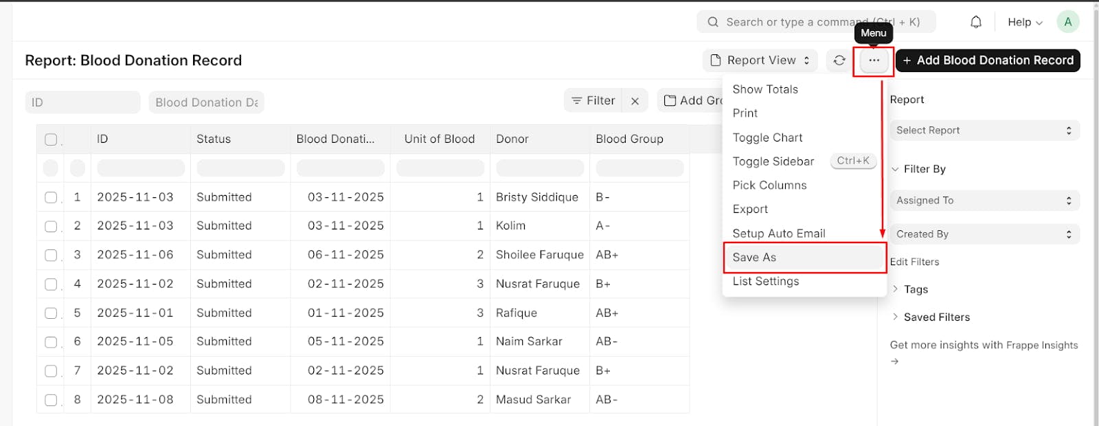 Frappe save report from the document list panel