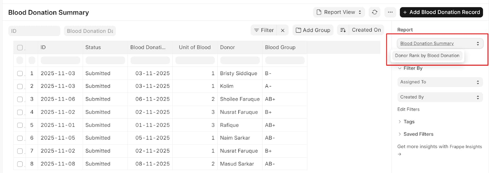 Frappe report template selection from the document list report view