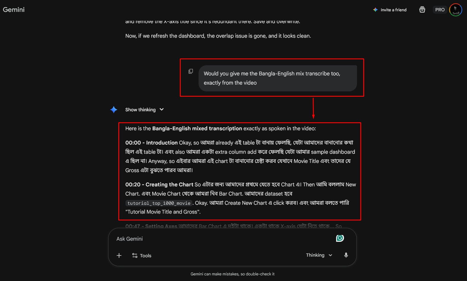 asking GEMINI for an exact transcribe of the video