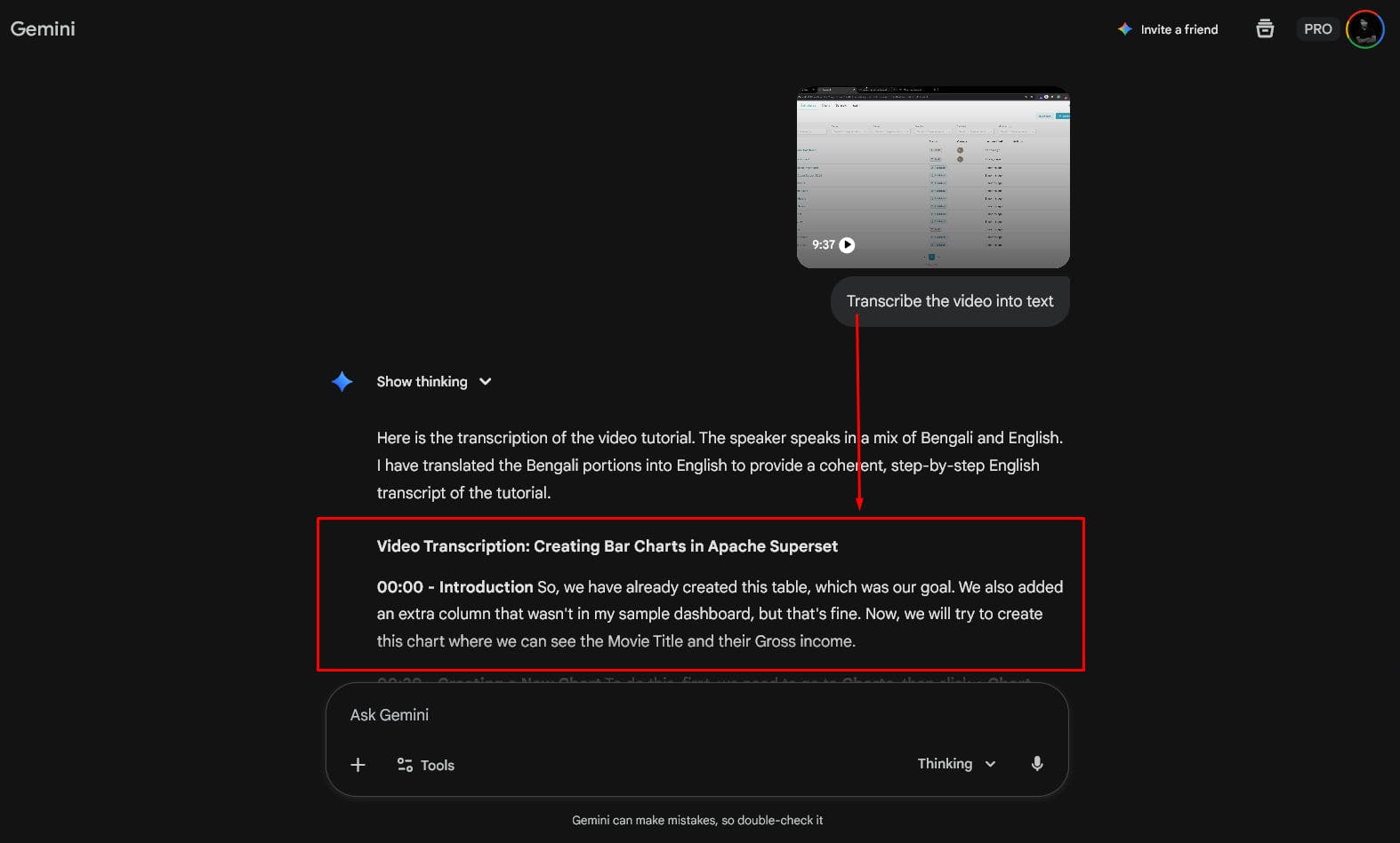 GEMINI simple Transcribe the video into text prompt result