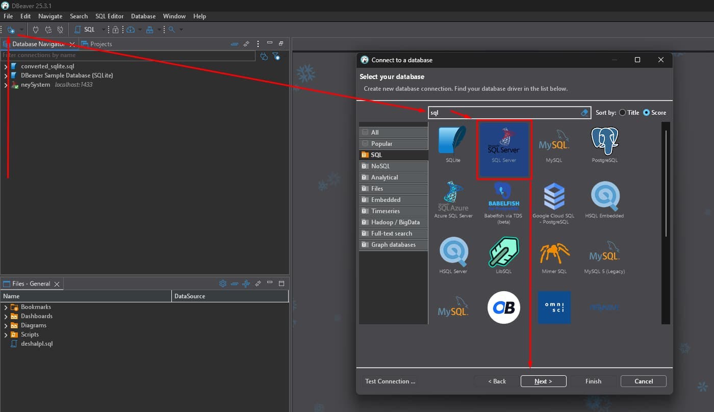 Select the Database and start the connection configuration