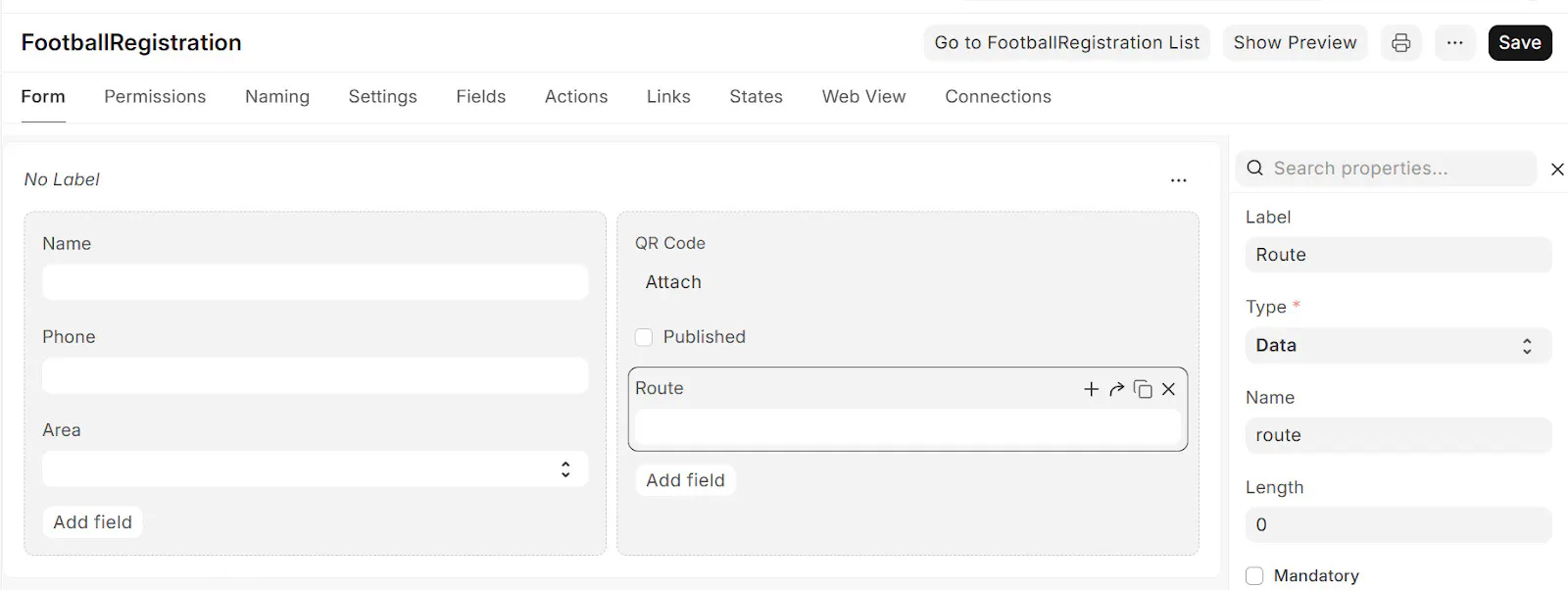 Frappe route field for storing url