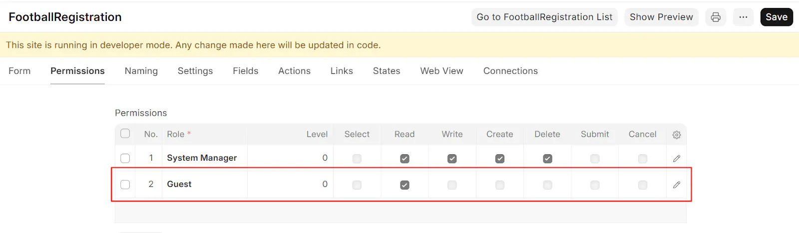 Frappe doctype permissions configuration